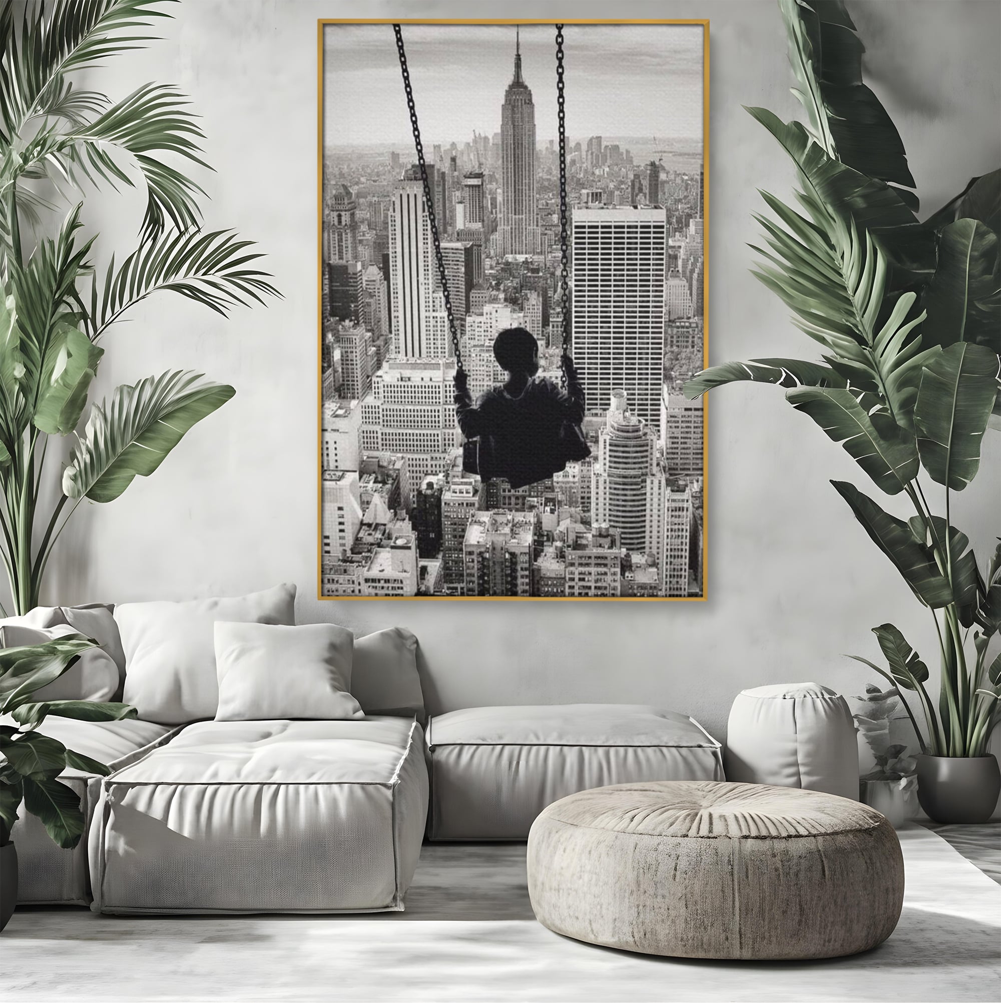 Tablou canvas cu tablou canvas cu copil in leagan deasupra orasului, in rama de aluminiu auriu, pe perete intr-un living